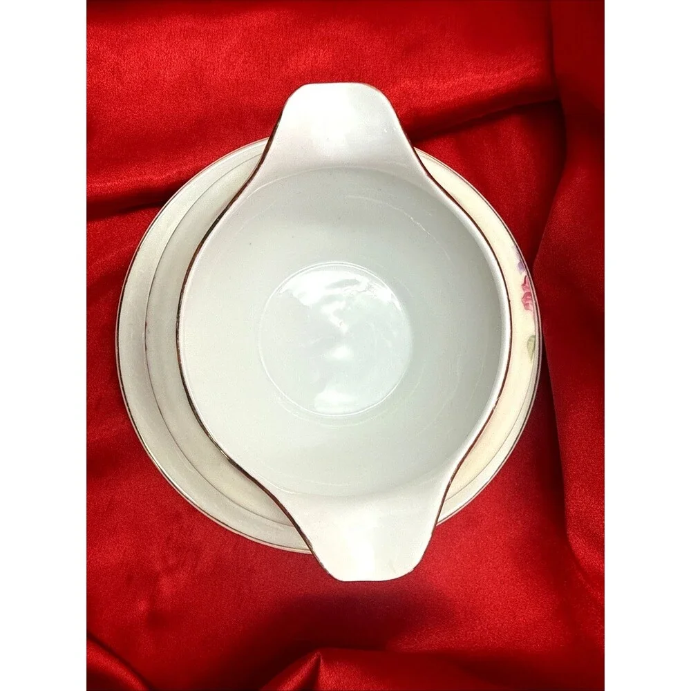 VTG TK Thuny Gravy Boat/Saucer Set~Etonia-Floral w/ Gold Trim~Czechoslovakia
